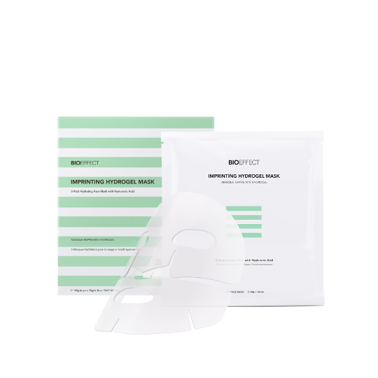 Bioeffect Imprinting Hydrogel Mask pack of 6, showing hydrogel sheets in individual sachets designed for intense hydration and skin revitalisation.