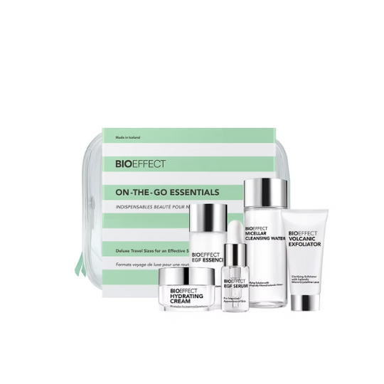Bioeffect On the Go Essentials skincare set featuring travel-size EGF serum, moisturizer, and cleanser for convenient skincare anywhere.