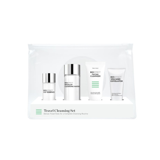 Bioeffect Travel Cleansing Set featuring three skincare essentials in travel-sized bottles, including a gentle cleanser, toner, and moisturizer, perfect for on-the-go skincare.