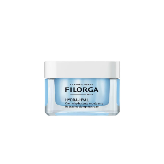 FILORGA HYDRA-HYAL Hyaluronic Acid Hydrating Plumping Cream 50ml jar with silver lid on a clean white background.