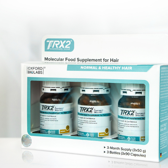 TRX2 Hair Supplement 3 Months Pack for hair growth support with three bottles for daily use.