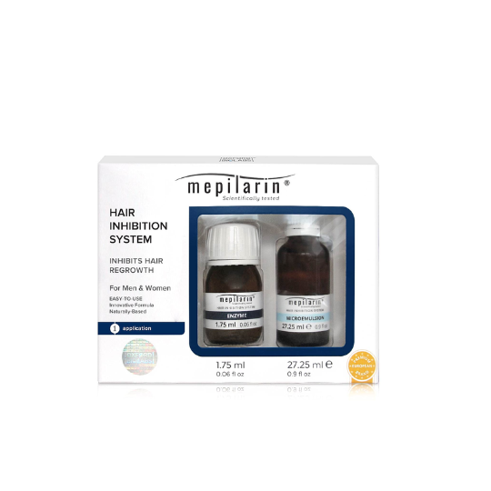 Mepilarin Hair Inhibition System product packaging for long-term hair growth reduction treatment.