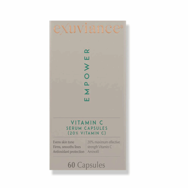 Outer packaging of Exuviance Vitamin C Serum Capsules highlighting antioxidant brightening benefits