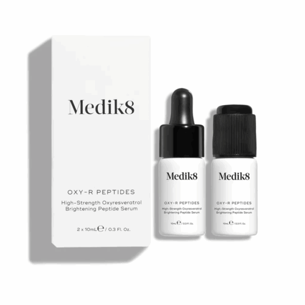 Medik8 OXY-R Peptides brightening serum with dual-chamber 2x10ml packaging targeting hyperpigmentation and uneven skin tone
