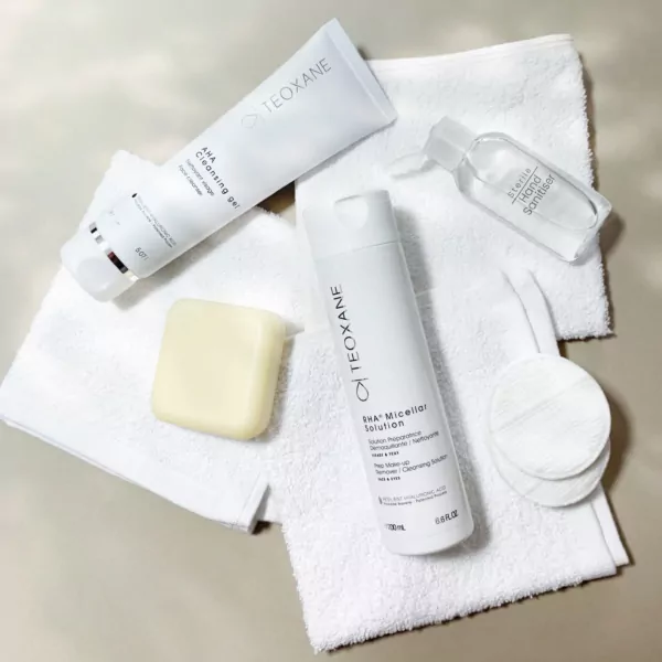 Teoxane Micellar Solution 200ml displayed with other Teoxane products, highlighting a clean skincare ritual on a fresh, minimal background.