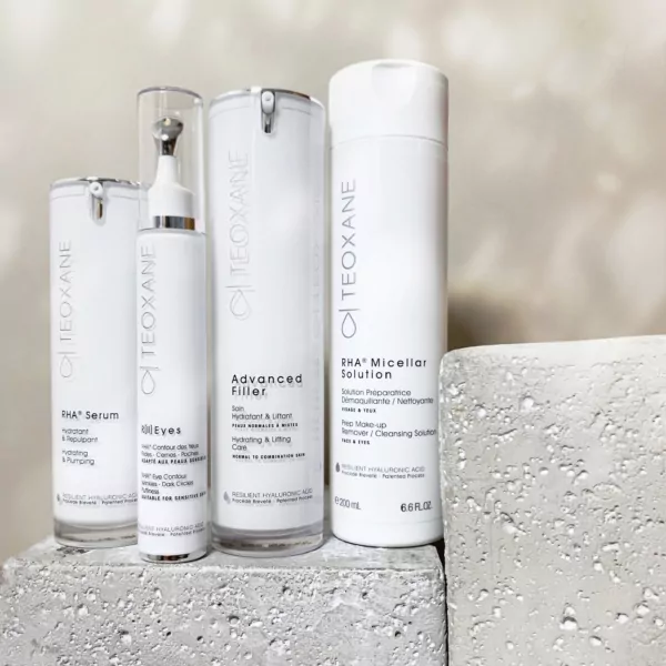 Teoxane Micellar Solution 200ml positioned with other Teoxane skincare products on a minimal, elegant background.